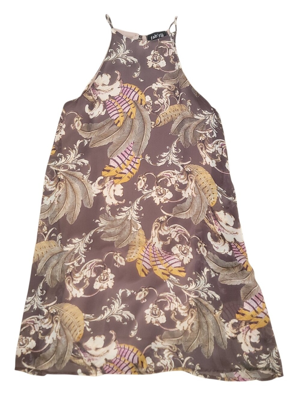 Fab’rik Women's Brown Purple Floral High Neck Halter Mini Flowy Dress Sz Small